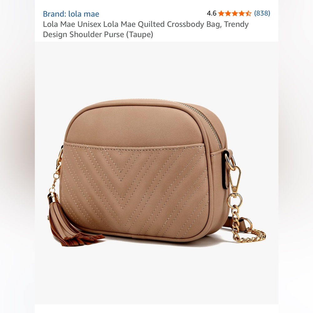 Lola Mae - Taupe Quilted Crossbody Bag with Tassel & Gold Accents Shoulder Purse